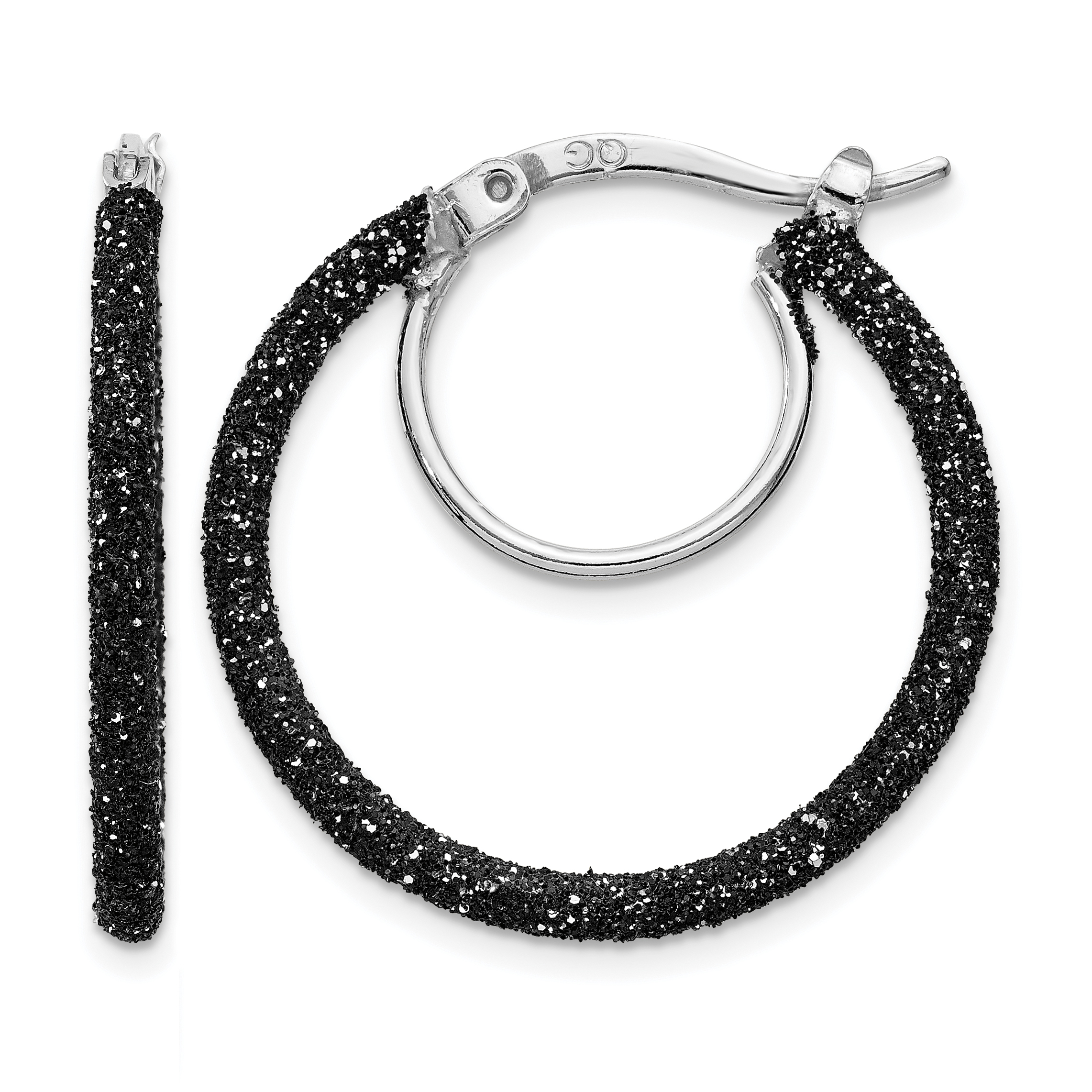 Sterling Silver Rhodium-plated Black Glitter Enamel 2x25mm Hoop Earrings (QE8572)
