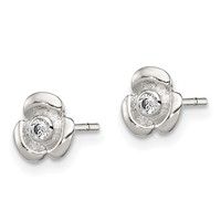 Sterling Silver Polished Flower Earrings with CZ Petite Post view 2