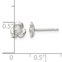 Sterling Silver Polished Flower Earrings with CZ Petite Post view 4