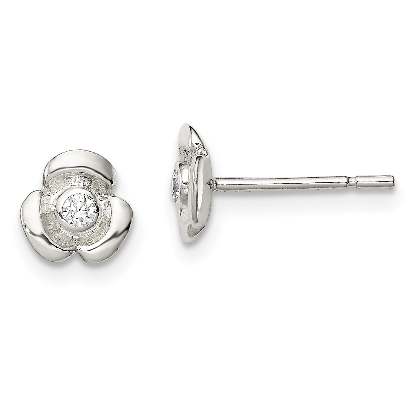 Sterling Silver Polished Flower with CZ Children's Post Earrings (QE8629)