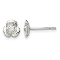 Sterling Silver Polished Flower Earrings with CZ Petite Post view 1