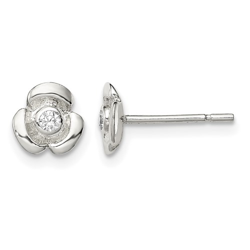 Sterling Silver Polished Flower Earrings with CZ Petite Post