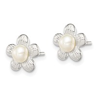 Sterling Silver Polished & Textured Imitation Pearl Flower Post Earrings view 2