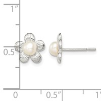 Sterling Silver Polished & Textured Imitation Pearl Flower Post Earrings view 4