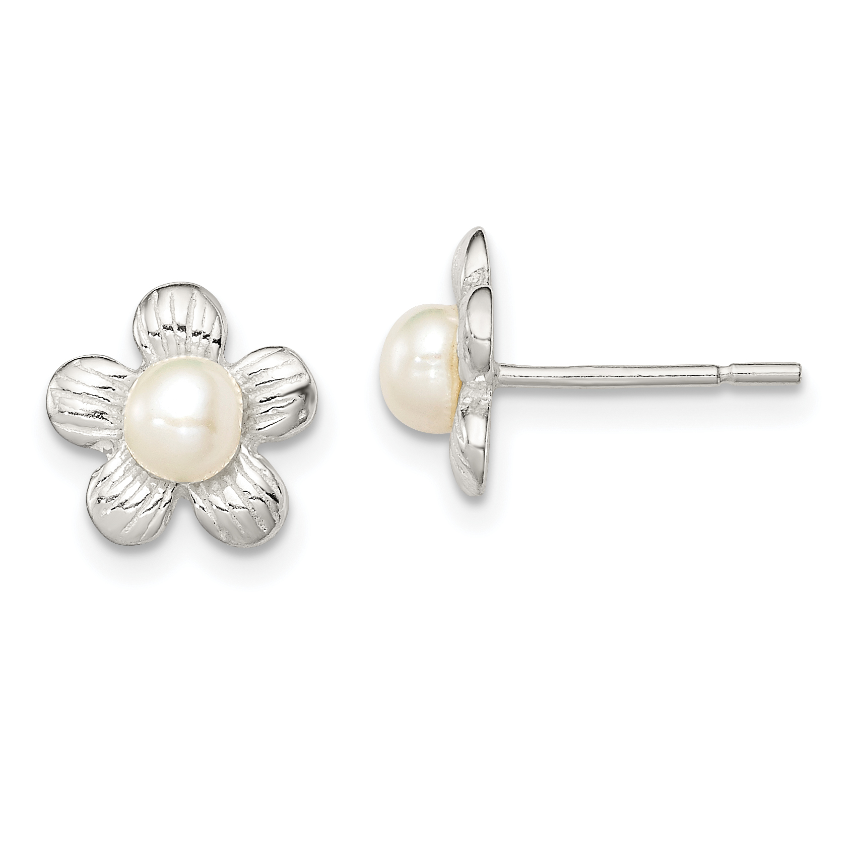 Sterling Silver Polished & Textured Sim. Pearl Flower Post Earrings (QE8631)