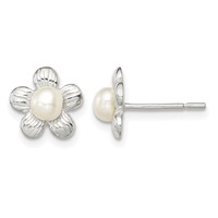 Sterling Silver Polished & Textured Imitation Pearl Flower Post Earrings view 1