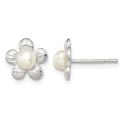 Sterling Silver Polished & Textured Imitation Pearl Flower Post Earrings