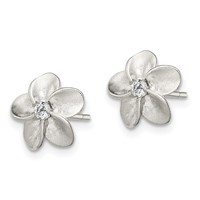 Sterling Silver Polished and Satin Flower Earrings with CZ Post view 2