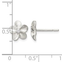 Sterling Silver Polished and Satin Flower Earrings with CZ Post view 4