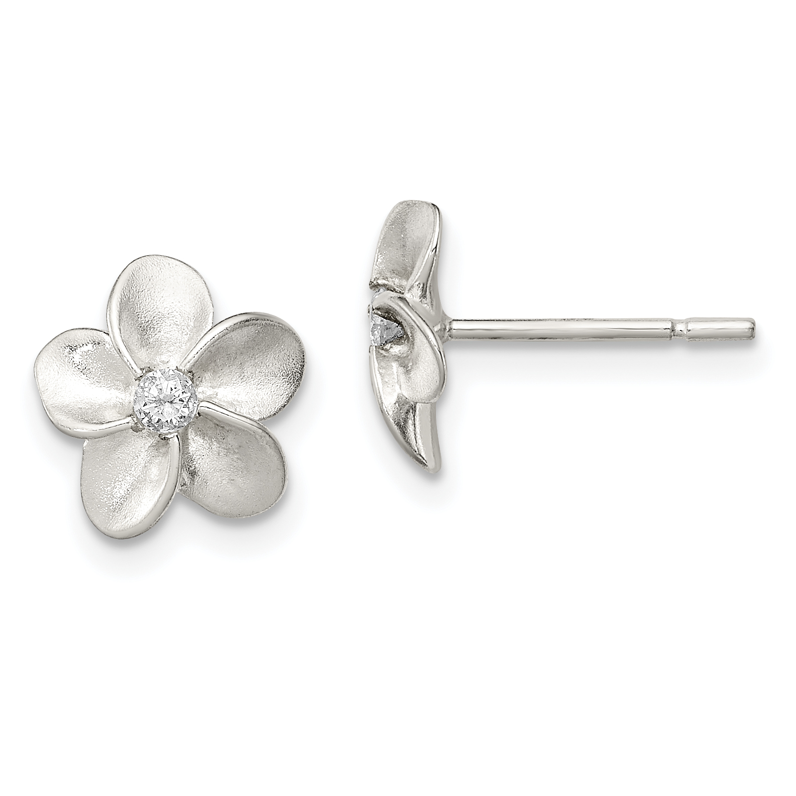 Sterling Silver Polished & Satin CZ Flower Post Earrings (QE8633)