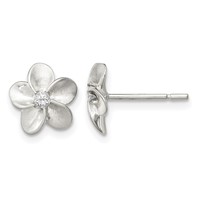 Sterling Silver Polished and Satin Flower Earrings with CZ Post view 1