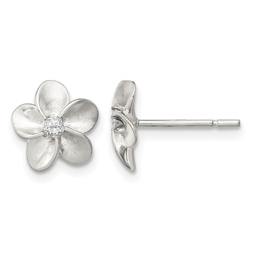 Sterling Silver Polished and Satin Flower Earrings with CZ Post