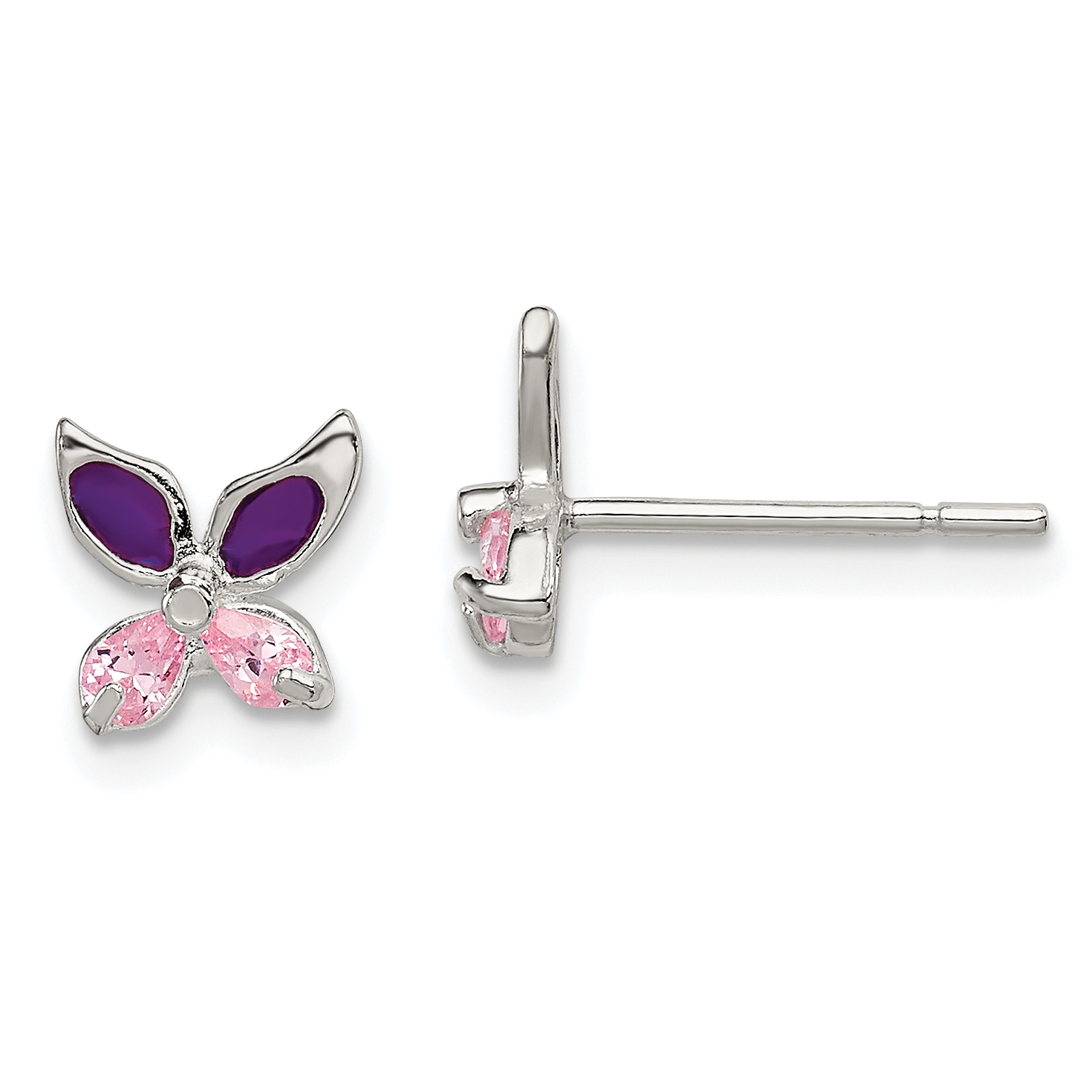 Sterling Silver Pink CZ & Purple Enamel Butterfly Children's Post Earrings (QE8639)