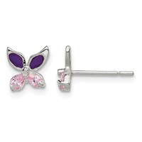 Sterling Silver Pink CZ & Purple Enamel Butterfly Post Earrings view 1