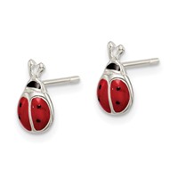 Sterling Silver Polished Red Black Enameled Ladybug Post Earrings view 2