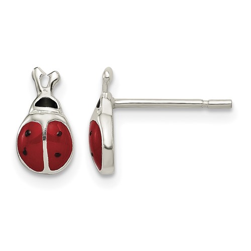 Sterling Silver Polished Red Black Enameled Ladybug Post Earrings