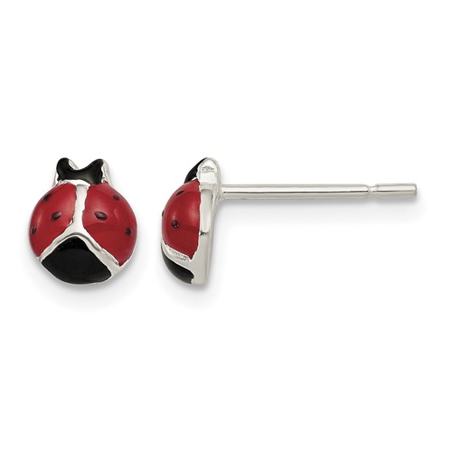 Sterling Silver Polished Red Black Enameled Ladybug Post Earrings