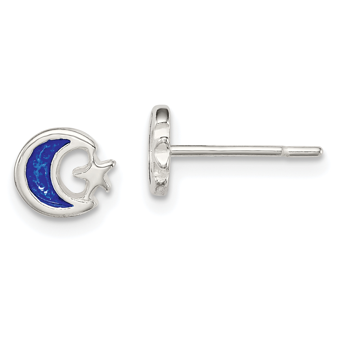 Sterling Silver Polished Blue Enamel Moon & Star Children's Post Earrings (QE8643)