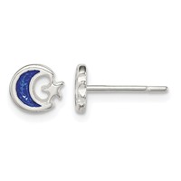 Sterling Silver Polished Blue Enamel Moon & Star Post Earrings view 1