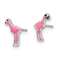 Sterling Silver Polished Enameled Black and Pink Flamingo Post Earrings view 2