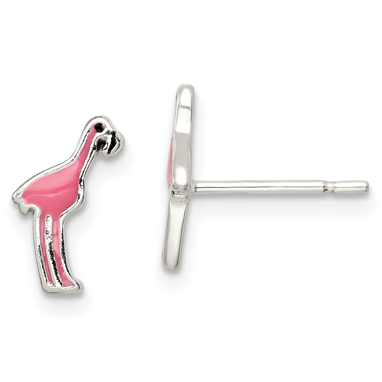 Sterling Silver Polished Pink & Black Enameled Flamingo Post Earrings (QE8665)