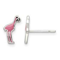 Sterling Silver Polished Enameled Black and Pink Flamingo Post Earrings view 1