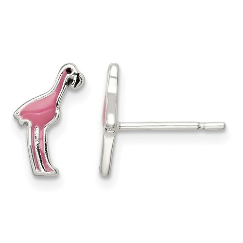 Sterling Silver Polished Enameled Black and Pink Flamingo Post Earrings