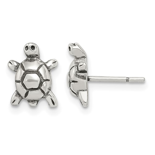 Sterling Silver Polished & Antiqued Turtle Post Earrings