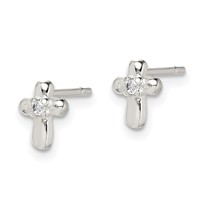 Sterling Silver Polished Cross Earrings with CZ Petite Post view 2