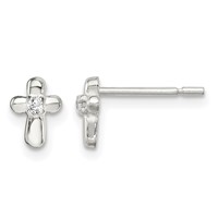 Sterling Silver Polished Cross Earrings with CZ Petite Post view 1