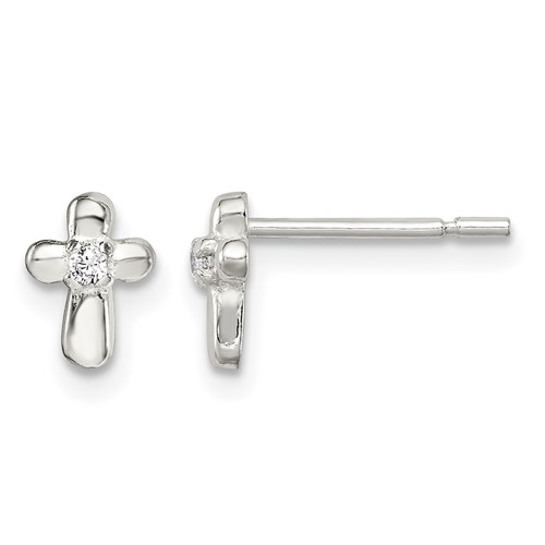 Sterling Silver Polished Cross Earrings with CZ Petite Post