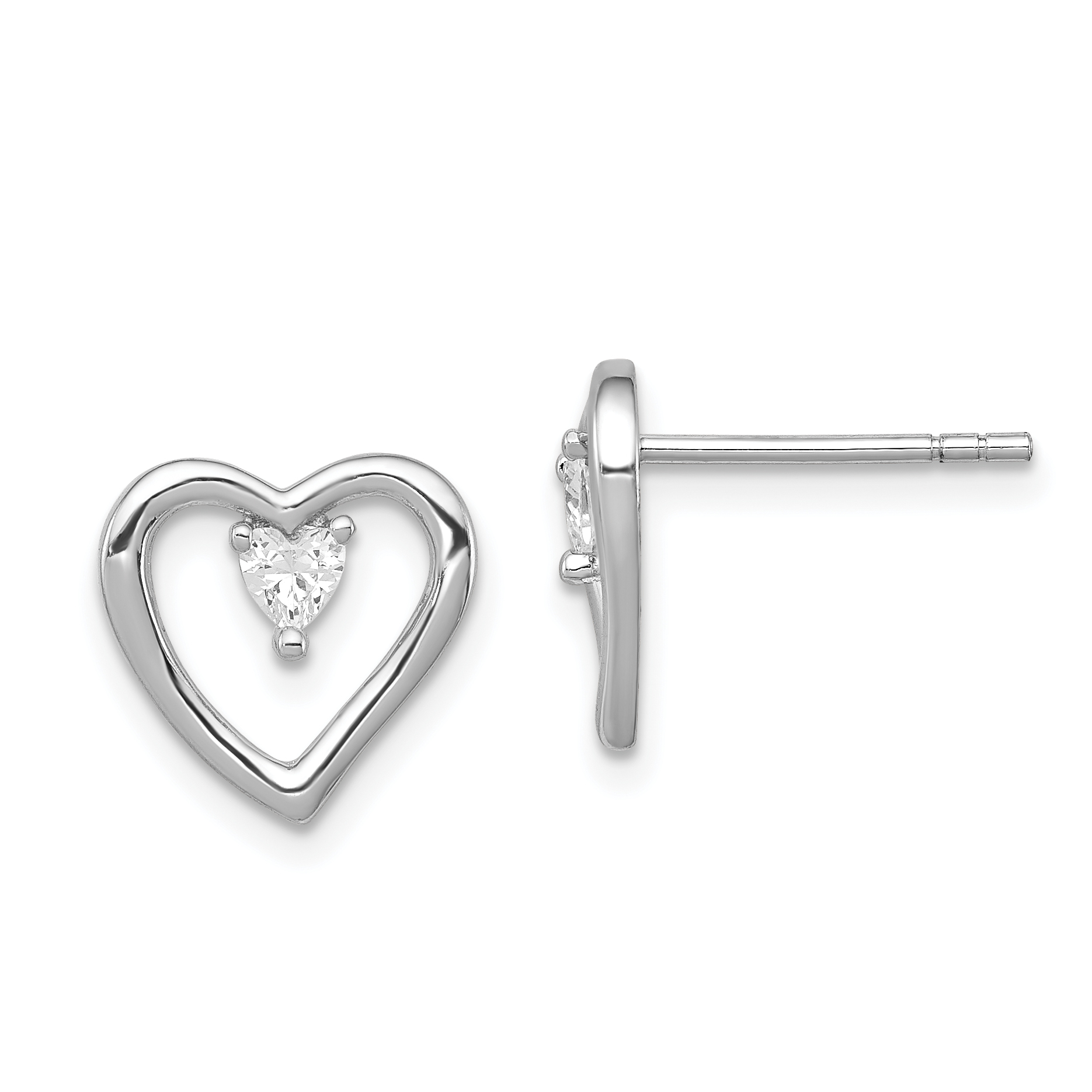 Sterling Silver Rhodium-plated CZ Polished Heart Post Earrings (QE8687)