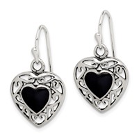 Sterling Silver Antiqued Onyx Heart Dangle Earrings view 2