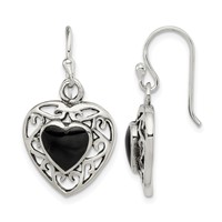 Sterling Silver Antiqued Onyx Heart Dangle Earrings view 1