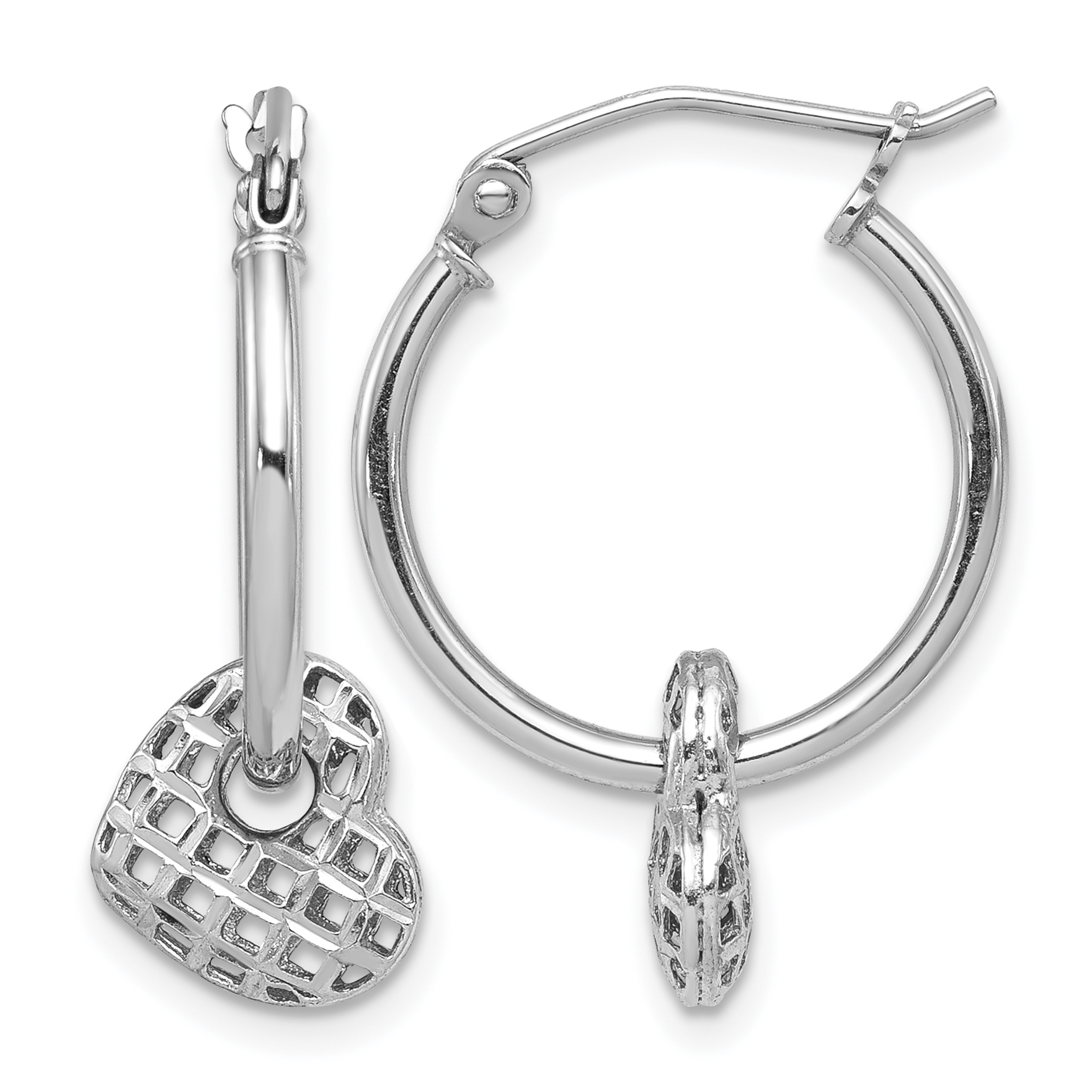 Sterling Silver Rhodium Plated Moveable Heart Hoop Earrings (QE8759)