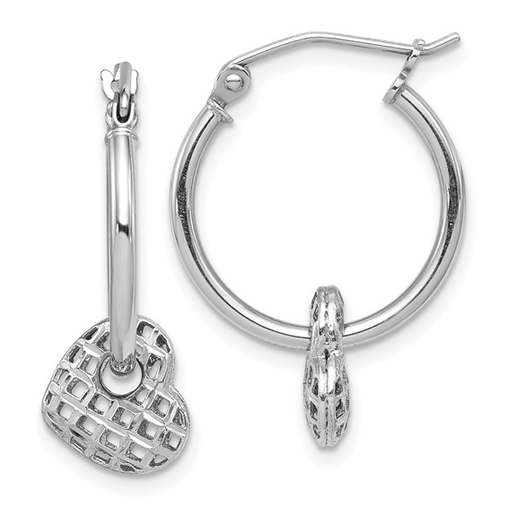 Sterling Silver Rhodium Plated Moveable Heart Hoop Earrings