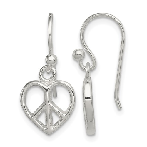 Sterling Silver Peace Sign Heart Shepherd Hook Earrings