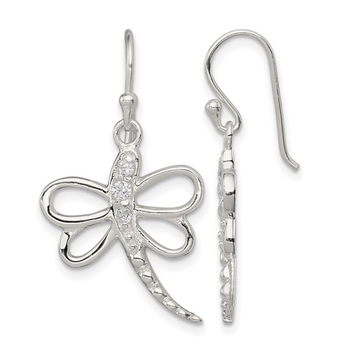 Sterling Silver CZ Dragonfly Shepherd Hook Earrings