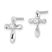 Sterling Silver Rhodium-plated Polished CZ Cross Post Earrings view 2