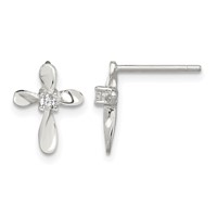 Sterling Silver Rhodium-plated Polished CZ Cross Post Earrings view 1