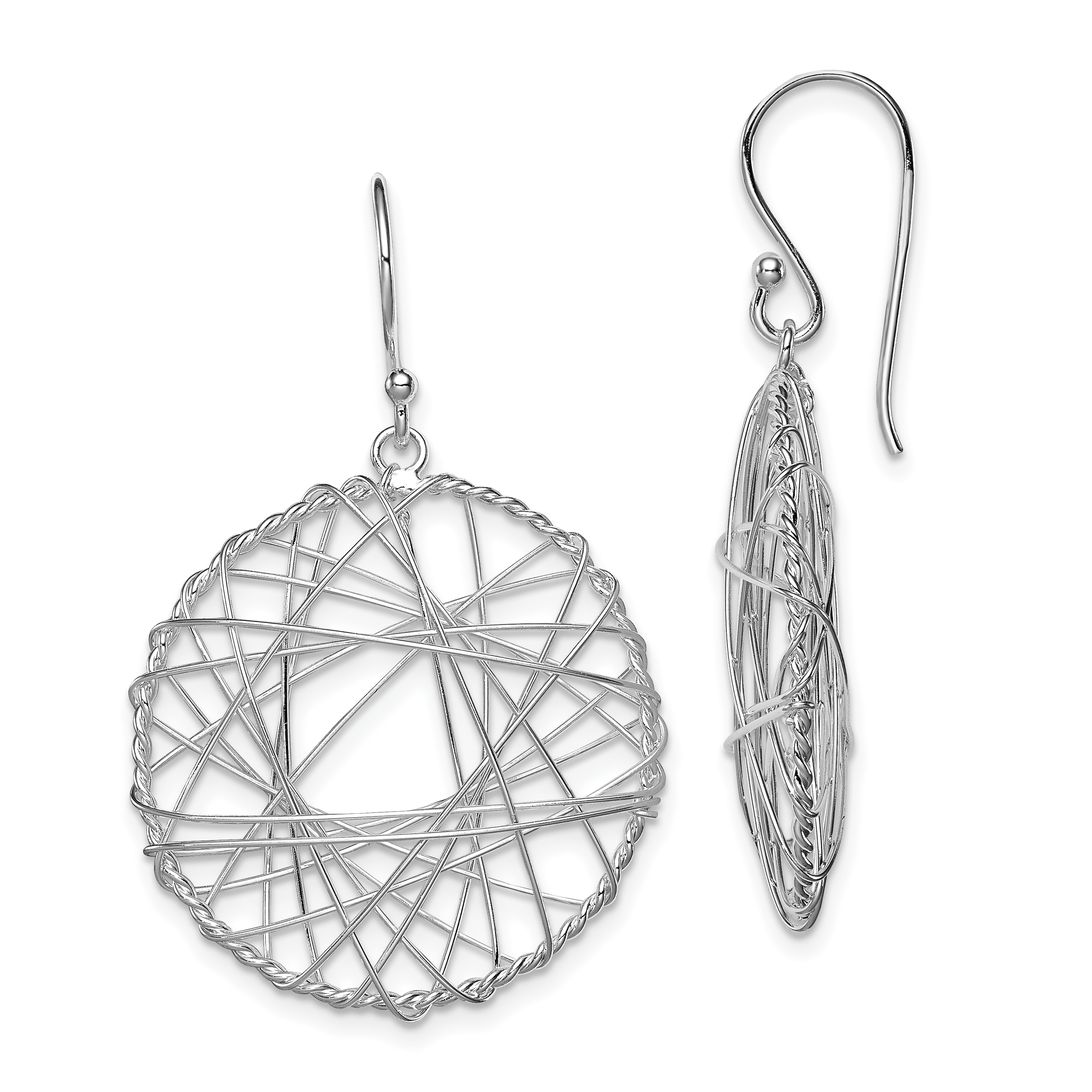 Sterling Silver Rhodium-plated Textured Wrapped Wire Circle Dangle Earrings (QE8923)