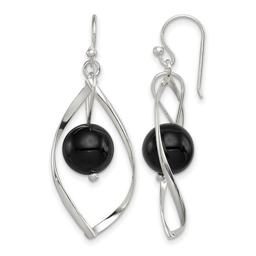 Sterling Silver Polished Onyx Twisted Dangle Earrings