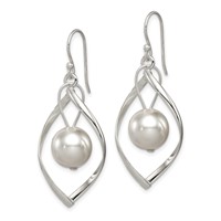 Sterling Silver Polished Simulated Pearl Twisted Dangle Earrings view 2