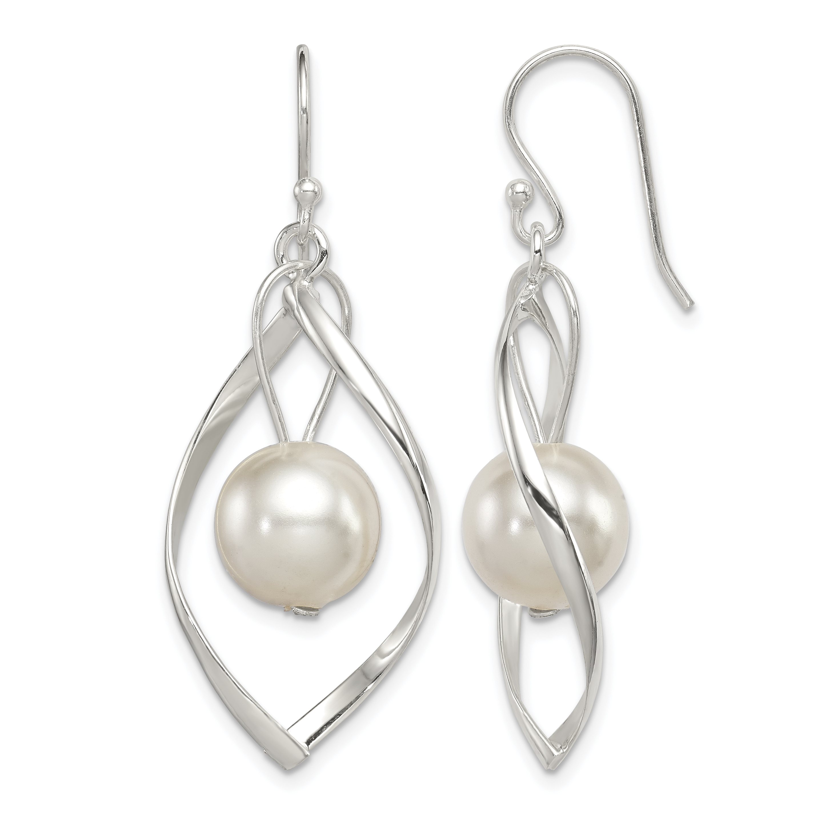 Sterling Silver Polished Simulated Pearl Twisted Dangle Earrings (QE8960)