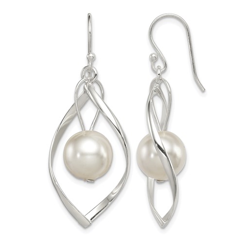 Sterling Silver Polished Simulated Pearl Twisted Dangle Earrings