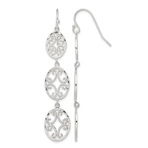 Sterling Silver Polished Diamond-cut Filigree Triple Oval Dangle Earrings