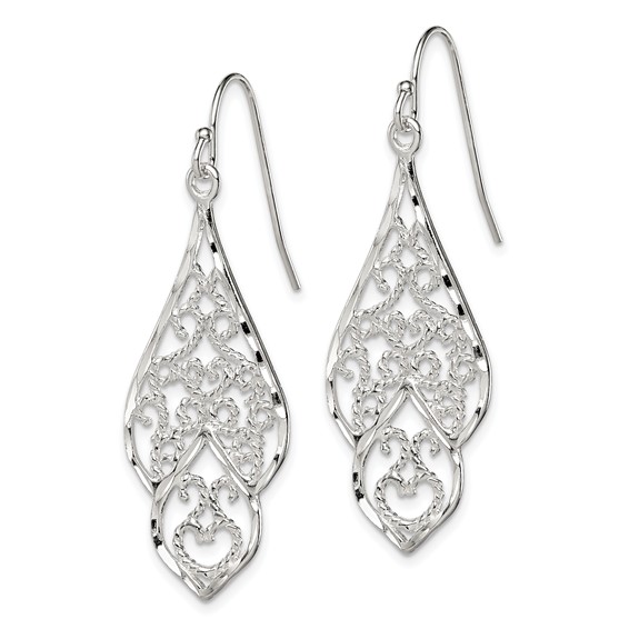 Sterling Silver Polished & Diamond-cut Fancy Filigree Dangle Earrings
