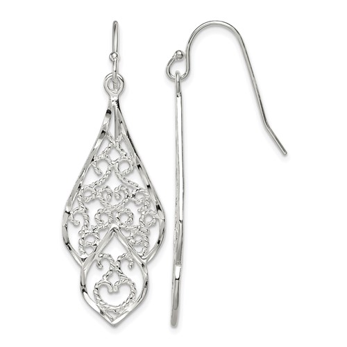 Sterling Silver Polished & Diamond-cut Fancy Filigree Dangle Earrings