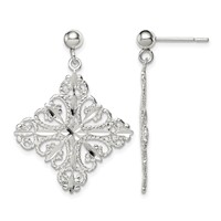 Sterling Silver Polished & Diamond-cut Filigree Square Post Dangle Earrings view 1