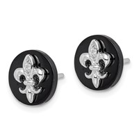 Sterling Silver Rhodium-plated CZ Fleur De Lis Onyx Circle Stud Earrings view 2